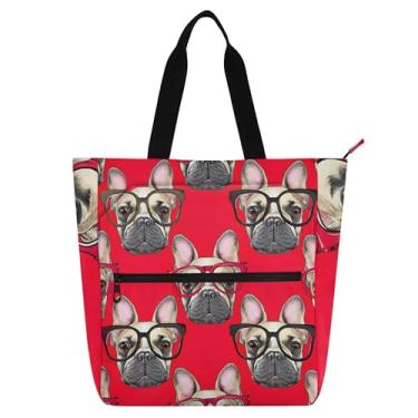 Imagem de GAIGEO French Bulldogs vibrante livro vermelho sacola para mulheres crianças professoras com zíper, lona escola trabalho viagem bolsa