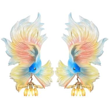 Imagem de Conjunto de 2 arandelas de parede em estilo moderno, luminárias de parede exclusivas em resina, luminária criativa em formato de peixe com cúpula de cristal, luminária de parede antiga para