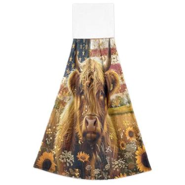 Imagem de Joitme Highland Cow Toalhas de mão retrô primavera bandeira dos EUA com laço para pendurar toalha de banheiro absorvente macio bonito cozinha conjunto de 2, 45 x 35 centímetros