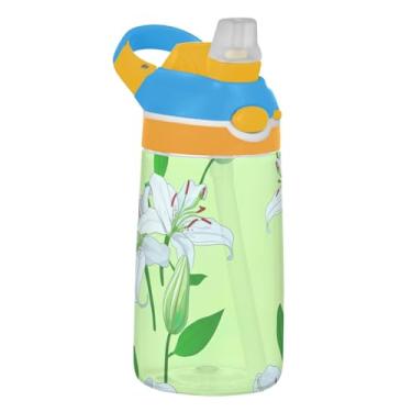 Imagem de Garrafa de água esportiva infantil floral de lírios brancos com folhas verdes para escola, 473 ml, 473 ml, garrafa de água Tritan com canudo, copo infantil portátil reutilizável, alça de transporte