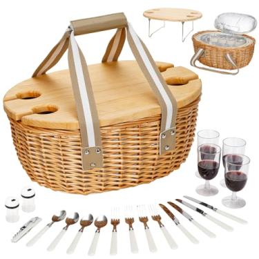 Imagem de STBoo Cesta de piquenique para 4 pessoas – Conjunto de piquenique de vime com mesa de vinho | Kit de cesta de salgueiro com bolsa térmica para acampamento, ao ar livre, Natal, festa (bege)