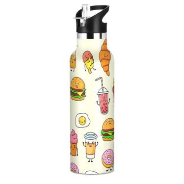 Imagem de Joisal Cute Food Burgers Garrafas de água amarelas para meninos com tampa de palha, garrafa de água isolada de aço inoxidável, copo infantil de parede dupla, sem BPA, para escola, viagens, esportes