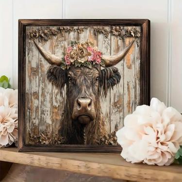 Imagem de Placa de arte de parede emoldurada vintage rústica - escultura floral de madeira de vaca highland decoração de mesa 20 x 20 cm - presentes para fazenda, cafés, lojas, quarto, banheiro, casa e