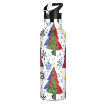 Imagem de Garrafas de água isoladas de aço inoxidável de 590 ml com tampa de palha, árvore de Natal colorida, flocos de neve, garrafa de água para meninos, meninas, copos de viagem para crianças, à prova de