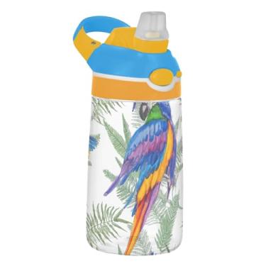 Imagem de Garrafa de água infantil Aquarela Papagaios tropicais 473 ml Tritan Garrafa de água esportiva portátil com tampa de canudo 473 ml copo reutilizável à prova de vazamento, alça de transporte