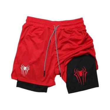 Imagem de Shorts Esportivos Masculinos Com Estampa De Aranha, Compressão 2 Em 1,