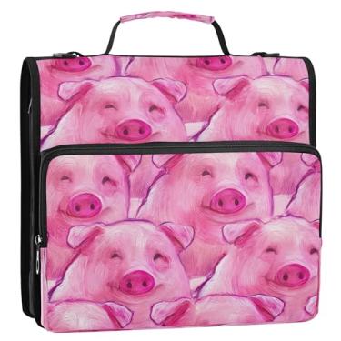 Imagem de Pasta organizadora de 3 anéis com 3 anéis de 3,8 cm para documentos, porco rosa, arte fofa, com zíper, vários bolsos, pasta de portfólio grande com alça de ombro para escola