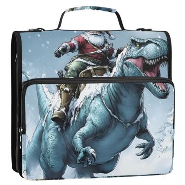 Imagem de Fichários de negócios com 3 anéis de 3,8 cm, anel D de Natal T Rex Papai Noel, organizador de zíper, pasta de portfólio de armazenamento com alça, bolsa escolar com alça de ombro