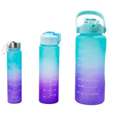 Imagem de Kit 3 Garrafa Squeeze Água Galão 2L 900ml 300ml Degrade Adesivos 3D Degrade