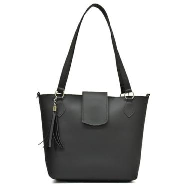 Imagem de Bolsa Tote Feminina em Couro Sintético, Alça Dupla, Detalhe em Tassel, Preta (preto)