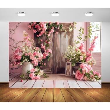 Imagem de Pano de fundo floral 3 x 2,4 m tecido de poliéster florescendo rosa floral rústico piso de madeira fundo de armário decorações de festa de aniversário faixa de mesa de bolo adereços de estúdio