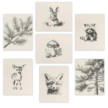 Imagem de HDXUFJQ Arte de parede de berçário neutra floresta animal lona decoração de parede floresta animal esboço imagens impressões natureza rústica bebê crianças meninos meninas quarto decoração de casa sem