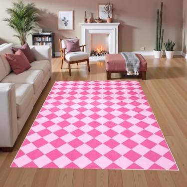 Imagem de USTIDE Tapete xadrez 1,2 x 1,8 m, lavável à máquina, tapete xadrez rosa para corredor, quarto, meninas, quarto de bebê, decoração