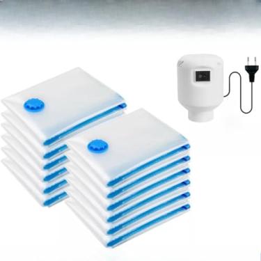 Imagem de Kit 10 Sacos a Vácuo Organizadores com Bomba Manual ou Elétrica para Roupas, Mala de Viagem e Guarda-Roupa(10 sacos + Bomba Elétrica 110V)