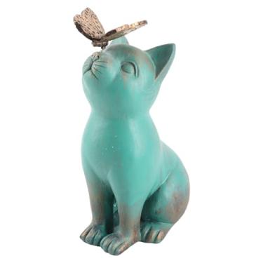 Imagem de Asixxsix Estatueta de Gato, Estátua de Gato Sentado em Resina para Jardim, Decoração de Jardim com Base Estável e Borboleta para Enfeites de Relva