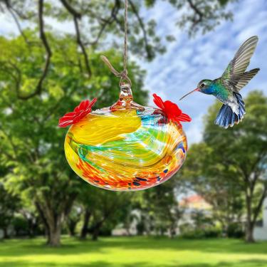 Imagem de Alimentador de beija-flor de vidro soprado à mão, alimentador de néctar suspenso, jardim, quintal, 7,5 x 7,5 cm, mamadeira decorativa para pássaros