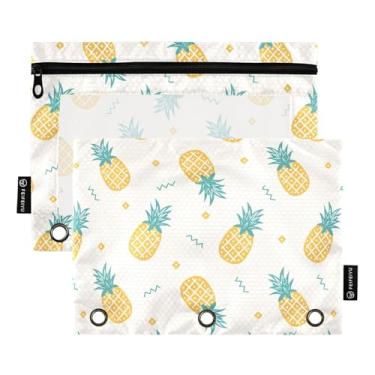 Imagem de Bolsa de lápis amarelo claro de abacaxi para fichário de 3 anéis, estojo de lápis de três furos para fichário, bolsa de lápis a granel com janela transparente e zíper para escritório, escola