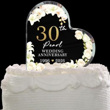 Imagem de Topo de bolo 30º aniversário de casamento, bloco de acrílico de coração de orquídea branca, decoração de bolo elegante "30 anos" e presente de lembrança para casais (10 cm)