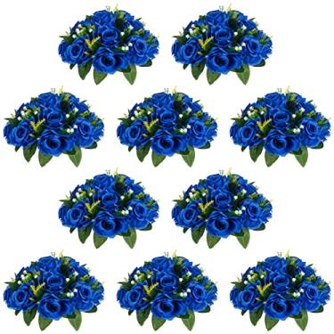 Imagem de NUPTIO Buquê de arranjo de bolas de flores - 10 peças de 24 cm de diâmetro azul real flores falsas bolas de rosas para mesas de centro de mesa - arranjos de rosas artificiais para decoração de mesa de