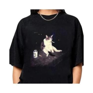 Imagem de Camiseta Feminina Estampada Com Meme De Gato Fumante Engraçado, Estilo