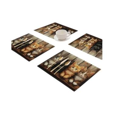 Imagem de Conjunto De 4 Sousplats Laváveis Com Estampa De Gatos Para Decoração D