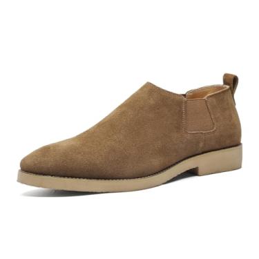 Imagem de Chelsea Botas masculinas elegantes de couro de camurça: sapatos sociais sem cadarço para negócios, casual, trabalho, festa e uso diário, Cáqui, 38 BR