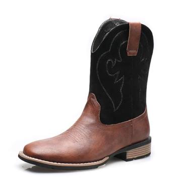 Imagem de Botas de cowboy ocidentais masculinas vintage couro PU bico quadrado cano médio sem cadarço trabalho e botas casuais estilo velho oeste, Preto, 38 BR