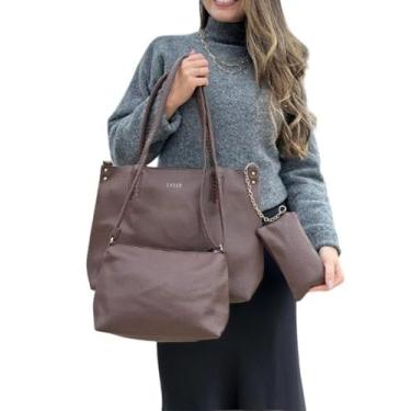 Imagem de Kit 3 Bolsas Femininas Estilo Tote Couro Sintético Marrom Alça Trançada Necessaire Bag Transversal Moderna Elegante