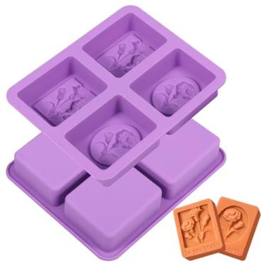 Imagem de 2 moldes de sabão para fabricação de sabonete, moldes de sabonetes de silicone, 4 cavidades retangulares com padrão de flor, ferramenta de fabricação de chocolate para velas de chocolate, geleia