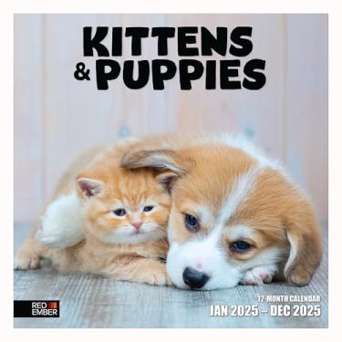 Imagem de RED EMBER Calendário de parede mensal pendurado para gatinhos e filhotes 2025 | Aberto de 30,5 cm x 61 cm | Papel grosso e resistente | crianças, adolescentes, cães, gatos, animais fofos | Bebês de