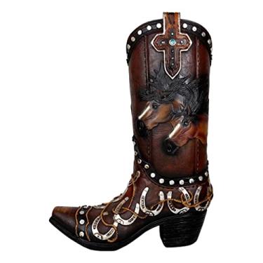 Imagem de Ebros Gift Cavalos de corrida rústicos ocidentais selvagens e livres com ferraduras e cruz, bota de caubói, estatueta decorativa ou vaso floral com acabamento em couro trabalhado