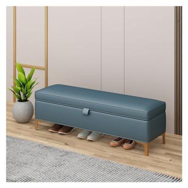 Imagem de Banco de armazenamento moderno - banco de entrada, otomano para quarto, extremidade da cama, banco de couro para o pé da cama, banco estofado com pernas douradas decorativas (azul)