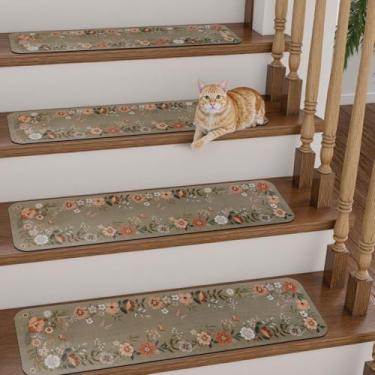 Imagem de Passos de escada antiderrapantes para degraus de madeira 76 cm x 20 cm corredor de escada interno de borracha marrom floral antiderrapante tapetes de escada tapetes de segurança para cães, crianças e