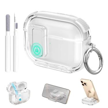 Imagem de Aircawin Capa transparente para Airpods Pro 3, trava segura para Airpods Pro 3ª geração, com suporte invisível para celular, pop-up automático, design de proteção híbrida com mosquetão e caneta de