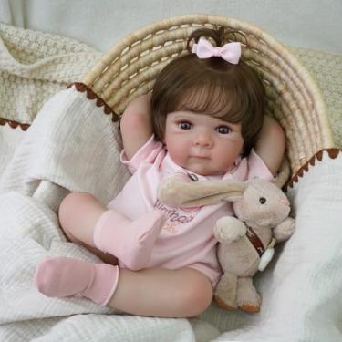 Imagem de Bebê Reborn Boneca Menina Silicone Realista Pintado Pode dar Banho Original 48cm Rosa com Acessórios
