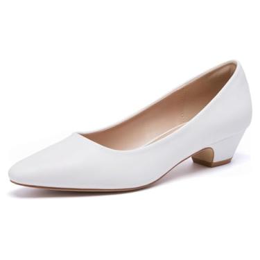 Imagem de FW FRAN WILLOR Sapato feminino de salto baixo grosso, confortável, bico fino, elegante para trabalho, Branco, 35