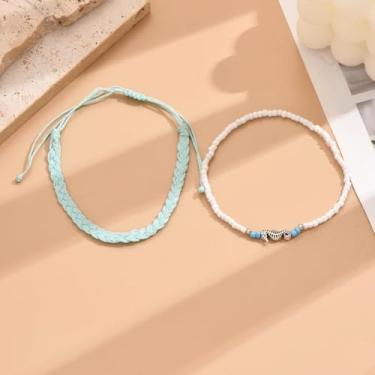 Imagem de Conjunto de tornozeleira trançada e frisada boêmio com pingente de cavalo marinho – 2 peças ajustáveis, azul claro e branco