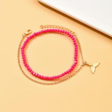 Imagem de Tornozeleira feminina com cauda de baleia dourada com contas vermelhas rosas, estilo praia de verão