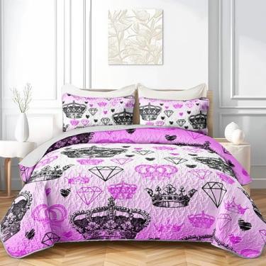 Imagem de QOOMO Conjunto de colcha infantil com coroa de desenho animado, estampa de diamante, tamanho casal/queen, decoração de quarto rosa, macio e leve para todas as estações, 1 colcha e 2 fronhas