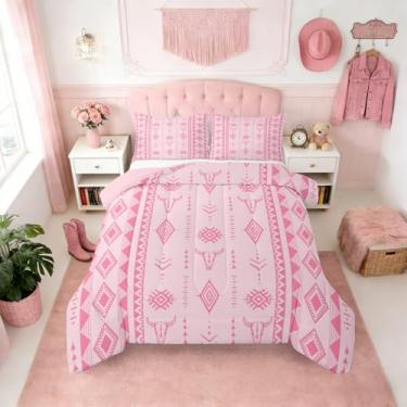 Imagem de Erosebridal Conjunto de edredom de caveira de touro para meninas, conjunto de cama boho, asteca ocidental, tamanho casal para adolescentes, mulheres, decoração de casa, edredom de caubói do sudoeste