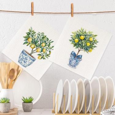 Imagem de Conjunto de panos de prato suecos de limoeiro para cozinha, conjunto de panos de prato suecos estampados de porcelana azul, reutilizável, lavável, absorvente, macio, durável, toalha de prato para