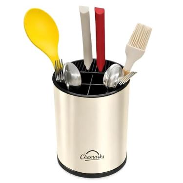Imagem de CHAMARKS Suporte giratório 3 em 1 para utensílios de cozinha com suporte de talheres e compartimentos de faca para bancadas. Aço inoxidável 23,6 cm x 16 cm (creme)