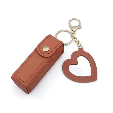 Imagem de Mini protetor labial portátil, porta-chaves, bolsa de couro PU com espelho, viagem, batom, armazenamento de cosméticos (marrom)