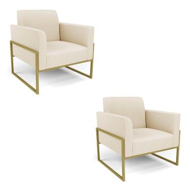 Imagem de Kit 2 Poltronas Base Industrial Alta Dourado Marisa Linho Bege A19 D03 - D\'rossi