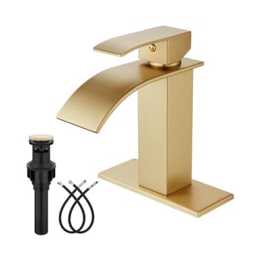 Imagem de Midanya Torneira de banheiro com bico de cascata, furo único de aço inoxidável 304 ou torneira de pia de 3 furos com placa de deck e ralo pop-up, compatível com vaidade para trailer, ouro escovado