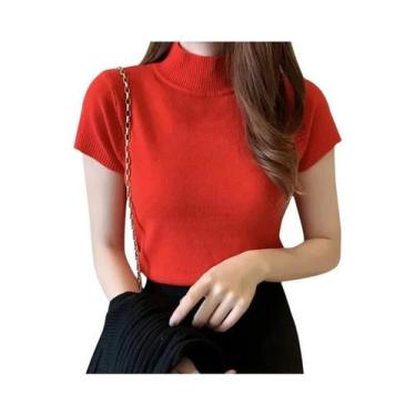 Imagem de Camiseta Feminina De Malha Slim Fit Com Gola Alta E Manga Curta, Casua