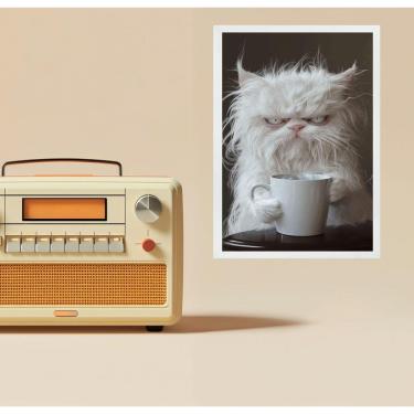 Imagem de Quadro Decorativo Gato Tomando Café 45X34Cm - Com Vidro