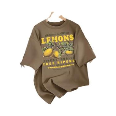Imagem de Camiseta Feminina Solta De Algodão Com Estampa De Limão, Gola Redonda,