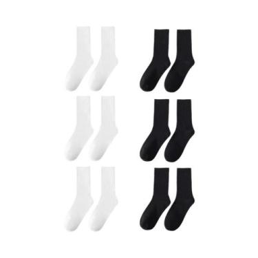 Imagem de Meias Masculinas De Cano Médio 6/12 Pares Cor Sólida Branco Preto Moda