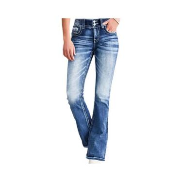 Imagem de Calças Jeans Femininas De Cintura Alta, Slim Fit, Estilo Flare, Azul, 